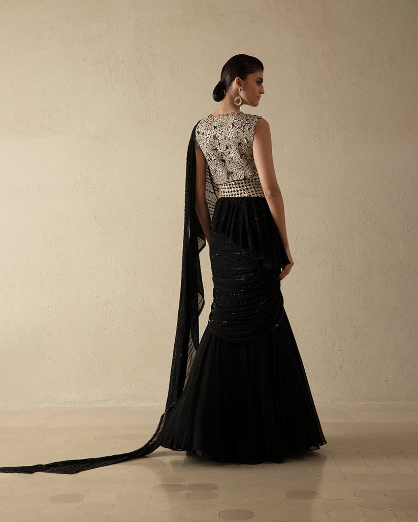 Black pattu saree turned into a evening frock | Saree dress, Sari dress,  Stylish dresses